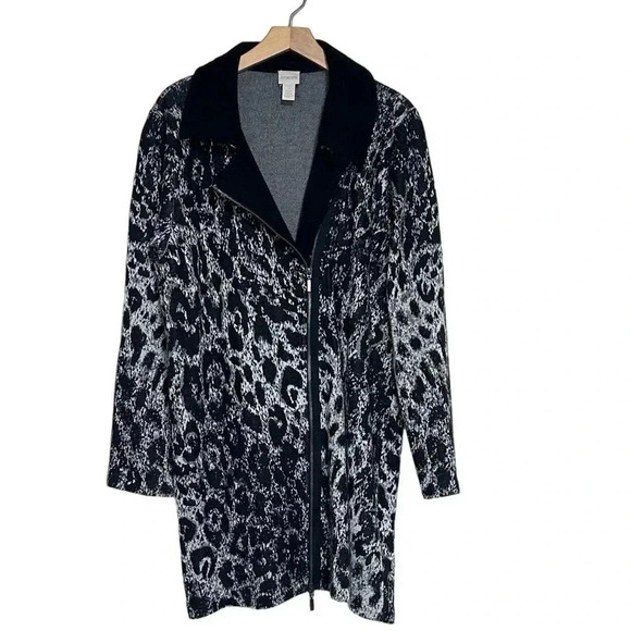 Chico's size 3/L/16 animal print knit‎ moto style front zip sweater coat - Picture 1 of 9